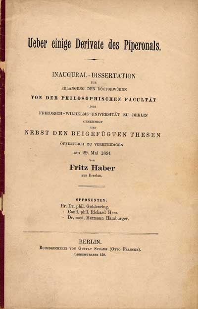 photo of cover of the first edition of Ueber einige Derivate des Piperonals by Fritz Haber