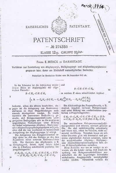 E. Merck of Darmstadt patent covering MDMA