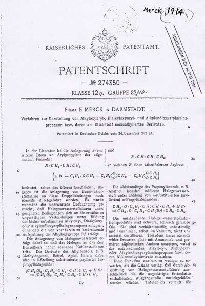 E. Merck of Darmstadt patent covering MDMA